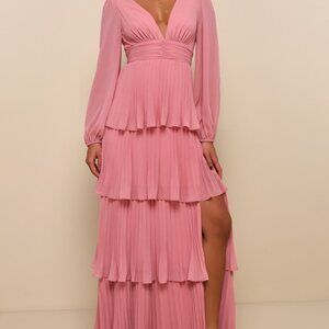 Lulus Graceful Finesse Dusty Rose Pleated Long Sleeve Maxi Dress Pink - Size L
